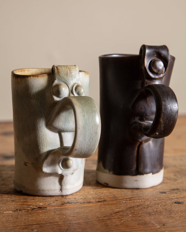 Pair of Studio Ceramic Ribbon Handle Mugs, Signed - Lone Fox