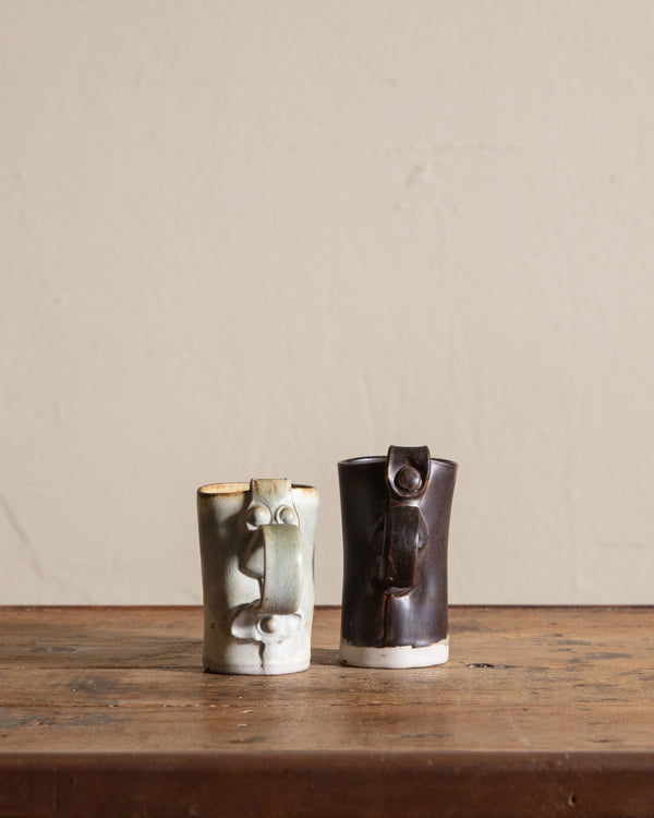 Pair of Studio Ceramic Ribbon Handle Mugs, Signed - Lone Fox