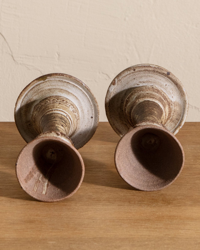 Pair of Studio Pottery Round Taper Holders, Signed - Lone Fox