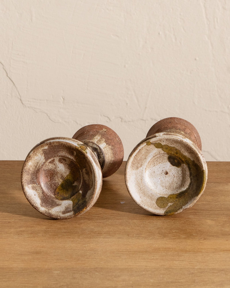 Pair of Studio Pottery Round Taper Holders, Signed - Lone Fox