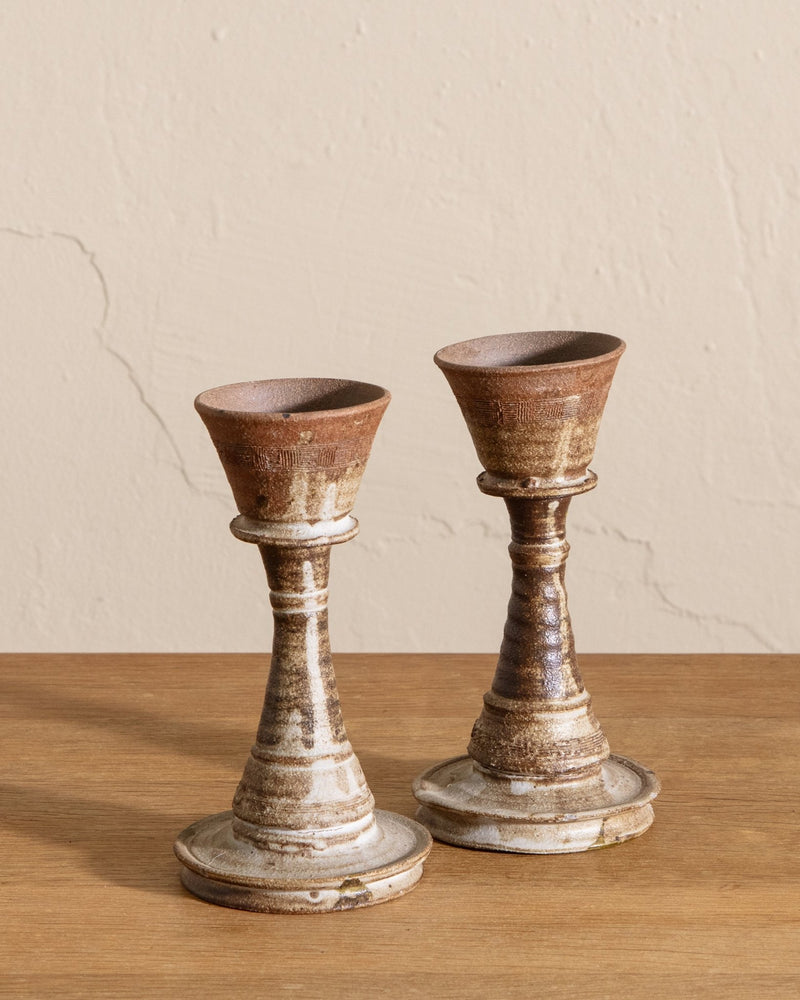 Pair of Studio Pottery Round Taper Holders, Signed - Lone Fox