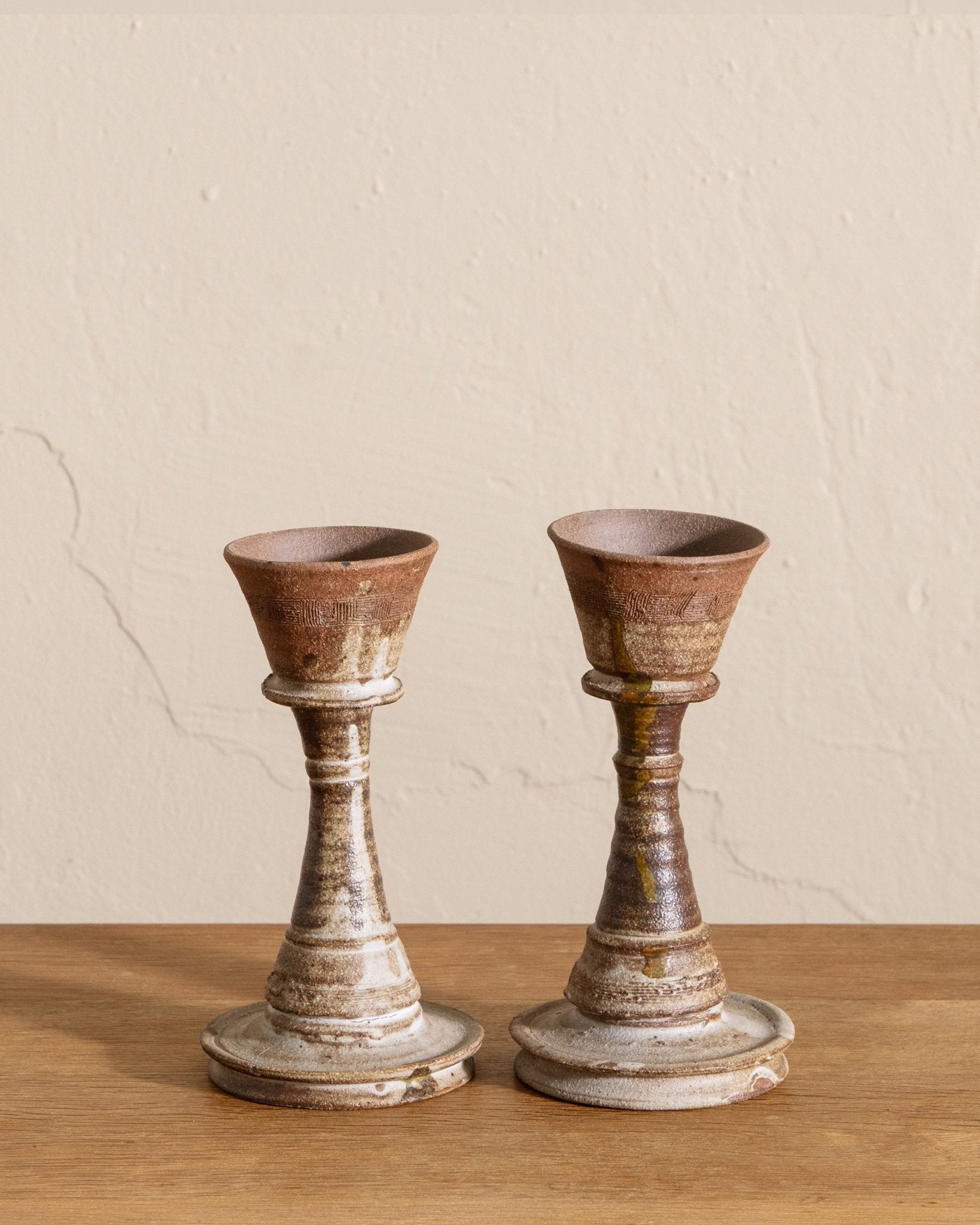Pair of Studio Pottery Round Taper Holders, Signed