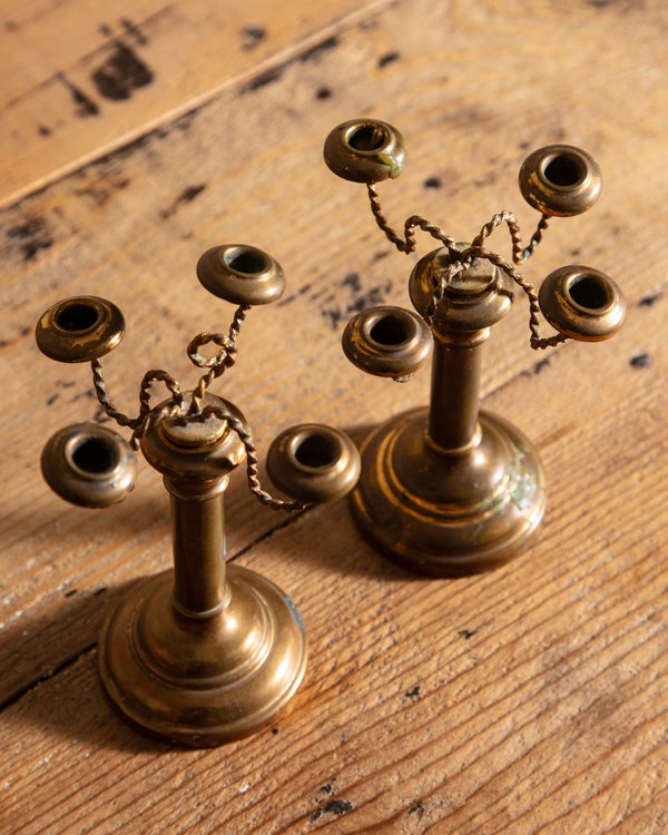 Pair of Tiny Twisted Brass Taper Holders, France, 1950's - Lone Fox