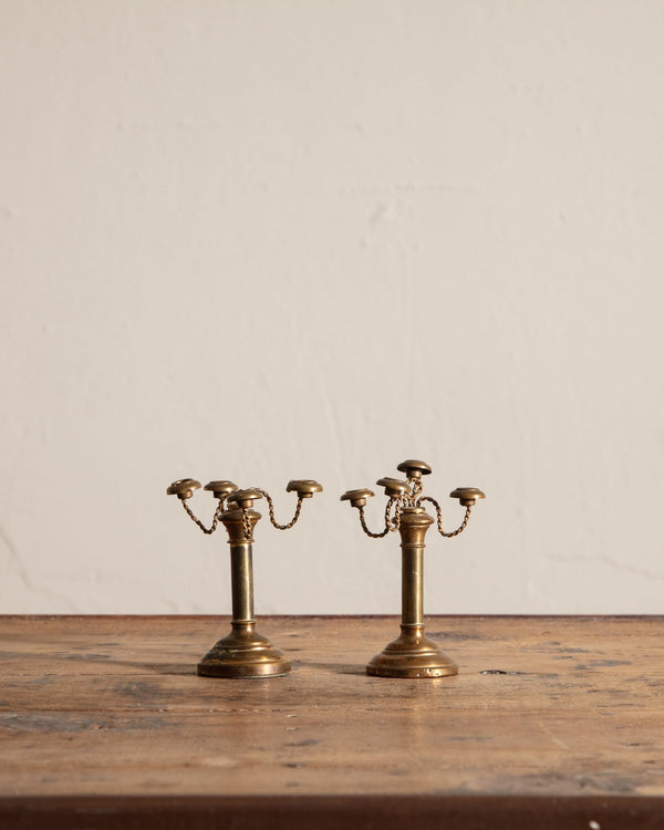 Pair of Tiny Twisted Brass Taper Holders, France, 1950's - Lone Fox