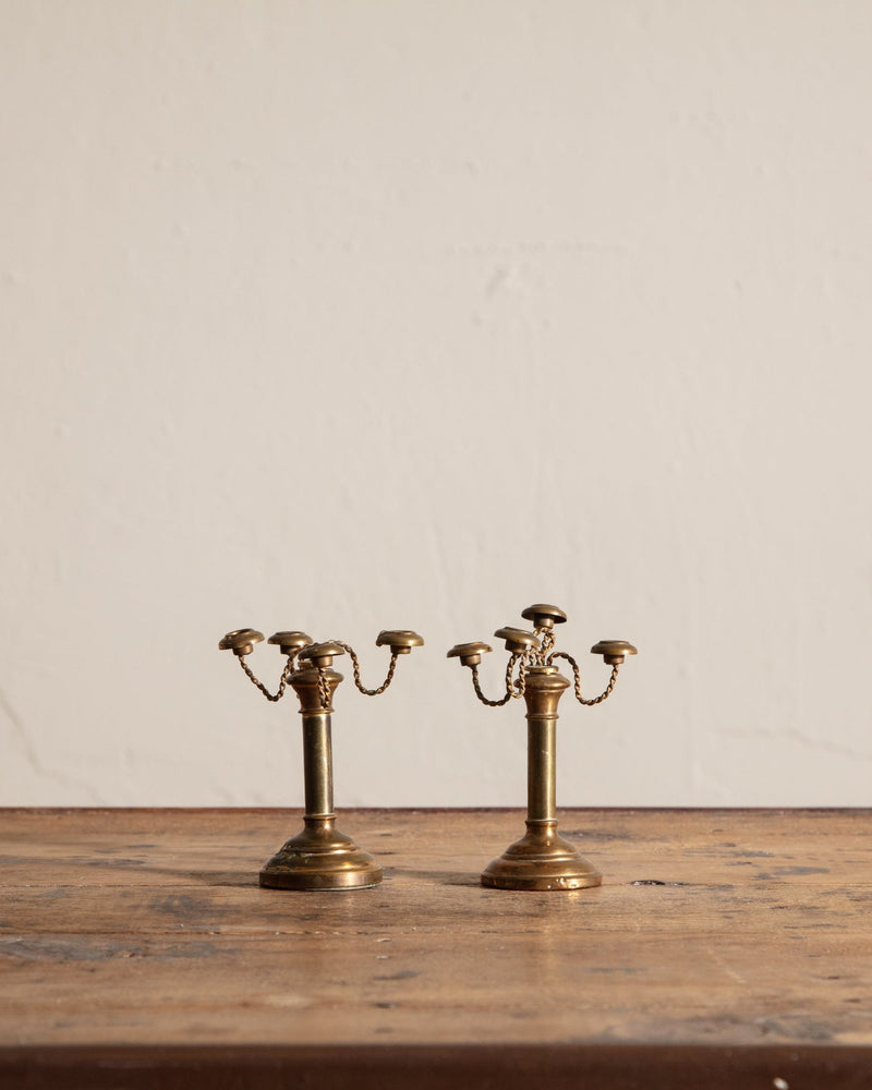 Pair of Tiny Twisted Brass Taper Holders, France, 1950's - Lone Fox