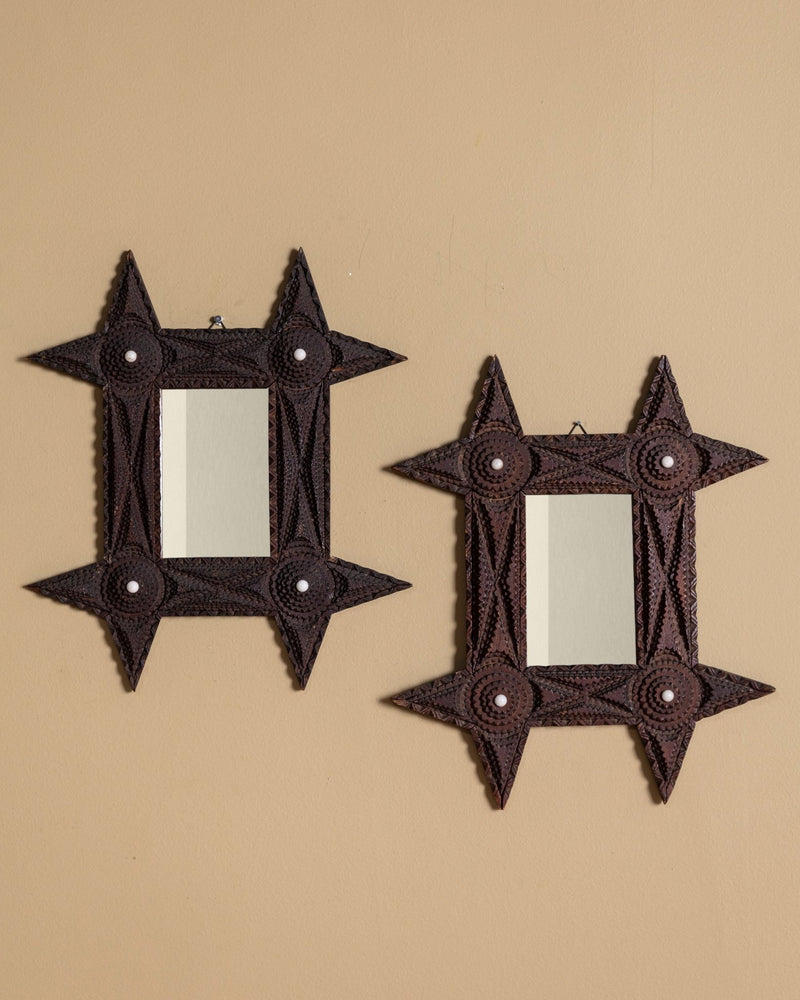 Pair of Tramp Art Cross Pointed Corner Mirrors, American, 19th