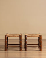 Pair of Turned Wood & Rush Stools, Italy, 1960s - Lone Fox