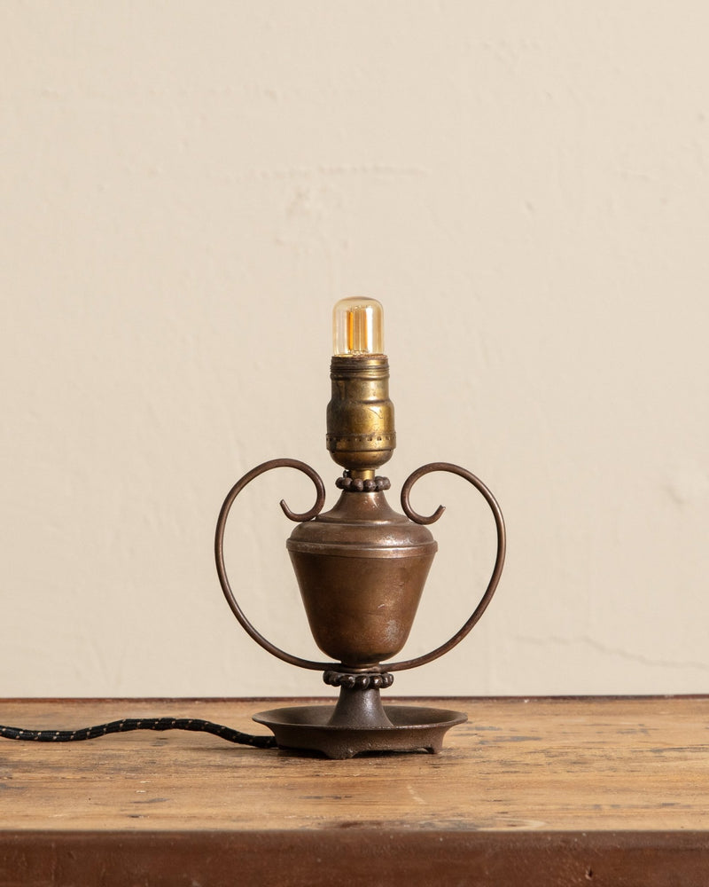Petite Aged Brass Table Lamp w/ Handles, 1920's - Lone Fox