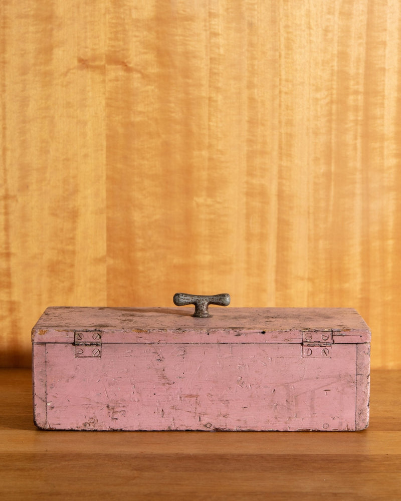 Pink Painted Wooden Box w/ Figured handle, Early 1900's - Lone Fox