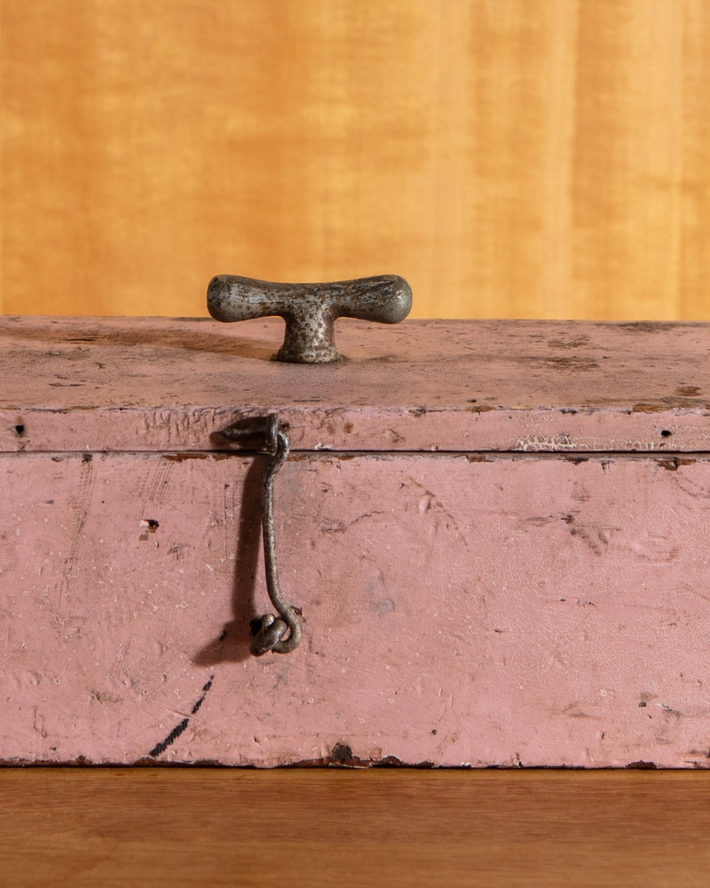 Pink Painted Wooden Box w/ Figured handle, Early 1900's - Lone Fox