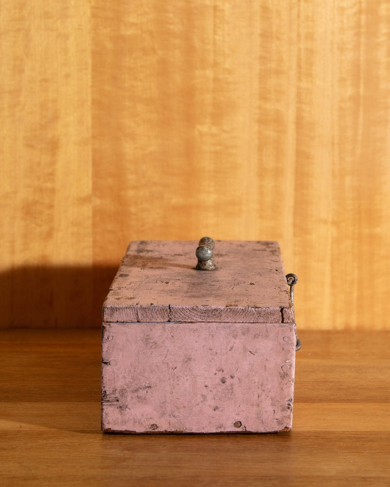 Pink Painted Wooden Box w/ Figured handle, Early 1900's - Lone Fox