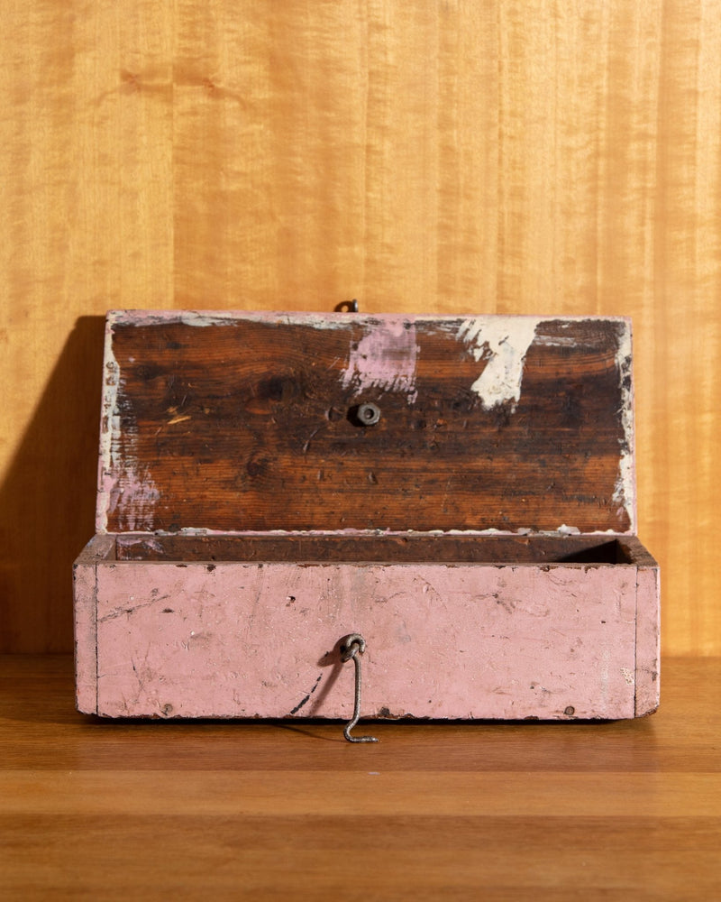 Pink Painted Wooden Box w/ Figured handle, Early 1900's - Lone Fox