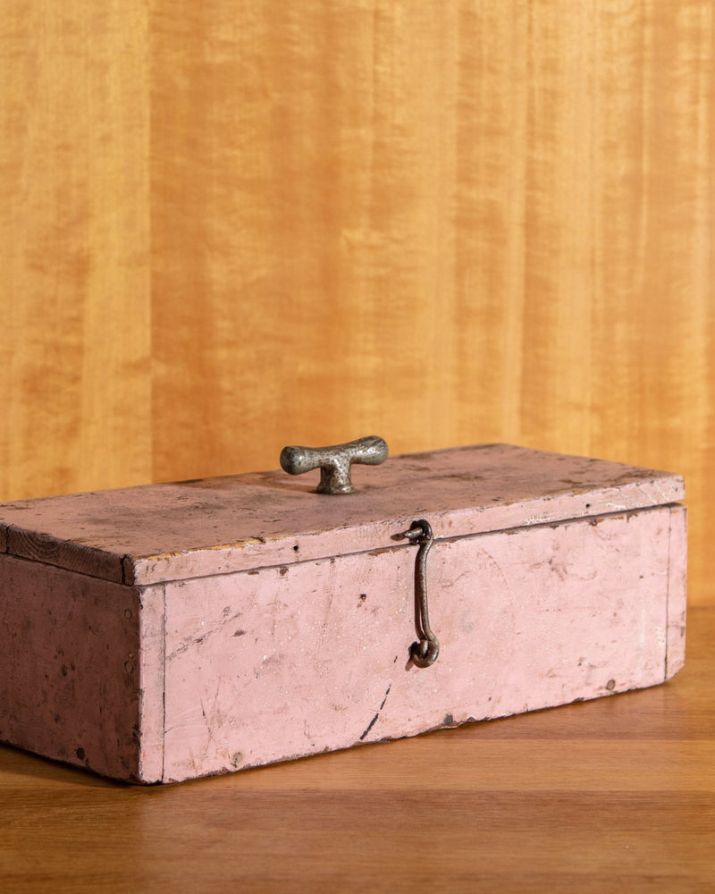 Pink Painted Wooden Box w/ Figured handle, Early 1900's - Lone Fox