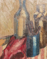 Pink Striped Tablecloth Still Life Oil Painting by Nielo, 1950's - Lone Fox