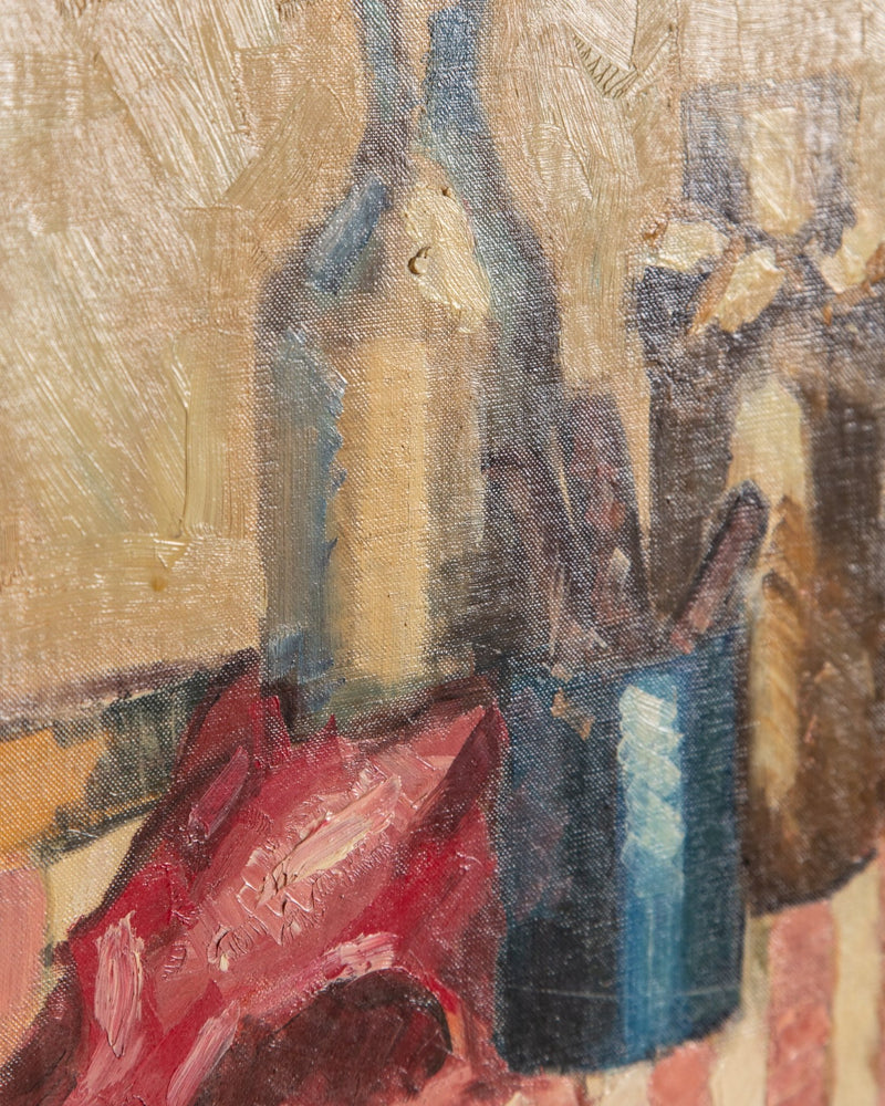 Pink Striped Tablecloth Still Life Oil Painting by Nielo, 1950's - Lone Fox