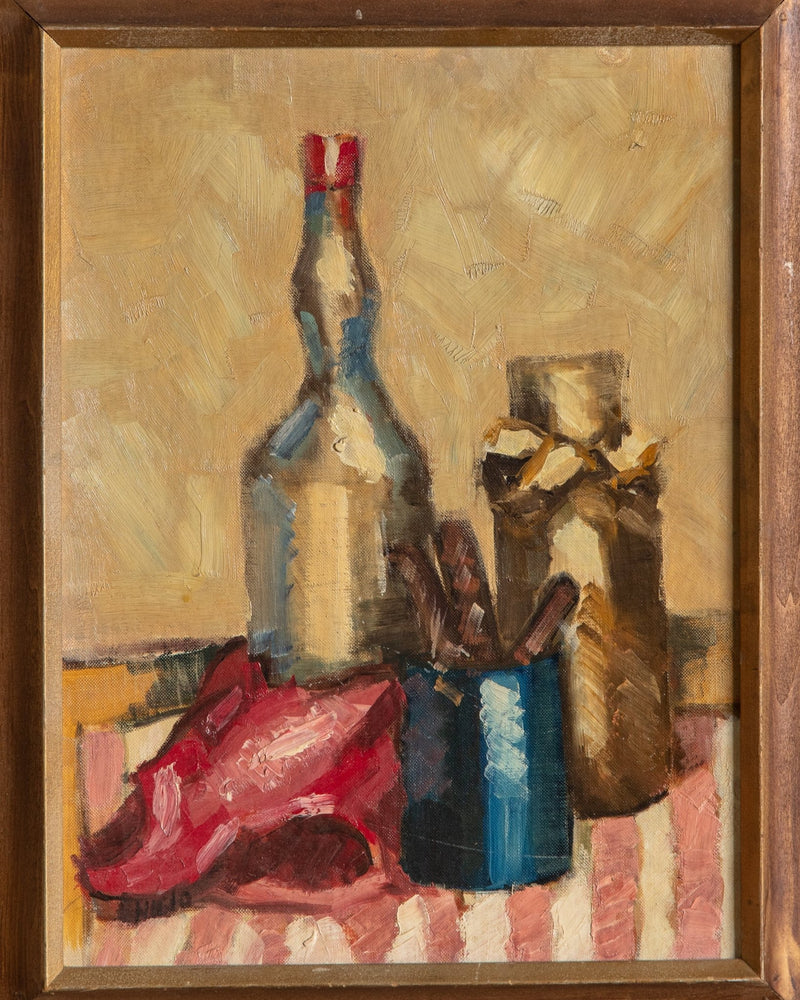 Pink Striped Tablecloth Still Life Oil Painting by Nielo, 1950's - Lone Fox