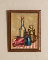 Pink Striped Tablecloth Still Life Oil Painting by Nielo, 1950's - Lone Fox