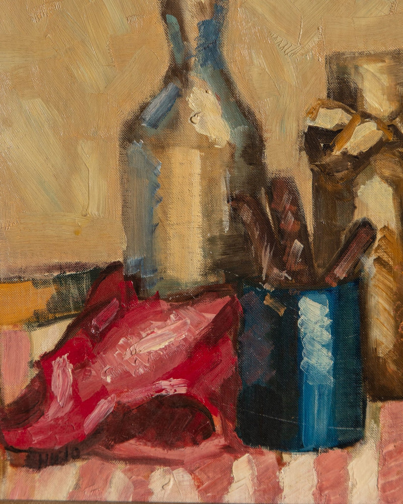 Pink Striped Tablecloth Still Life Oil Painting by Nielo, 1950's - Lone Fox