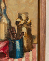 Pink Striped Tablecloth Still Life Oil Painting by Nielo, 1950's - Lone Fox