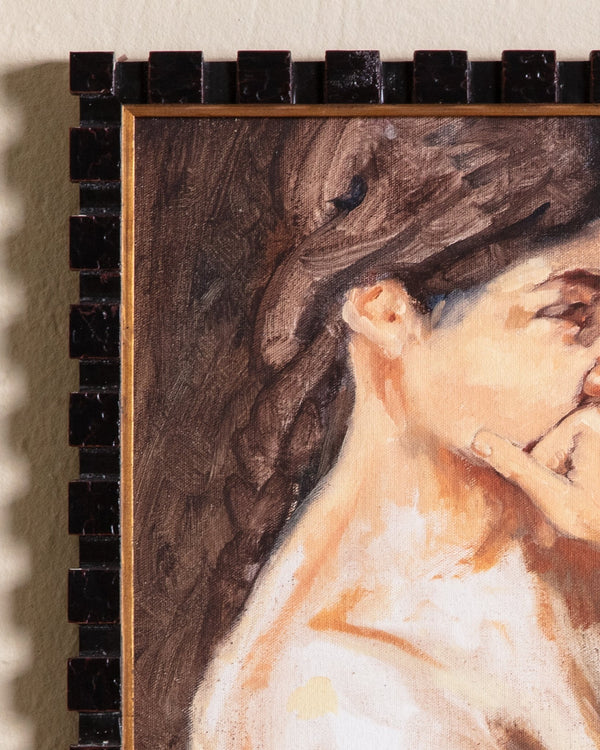 Pondering Woman Portrait in Custom Cubist Frame, 1970's - Lone Fox