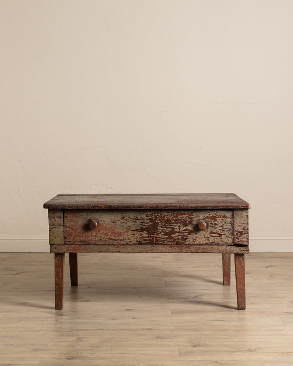 Primitive Green Painted Coffee Table w/ Drawer, 19th Century - Lone Fox