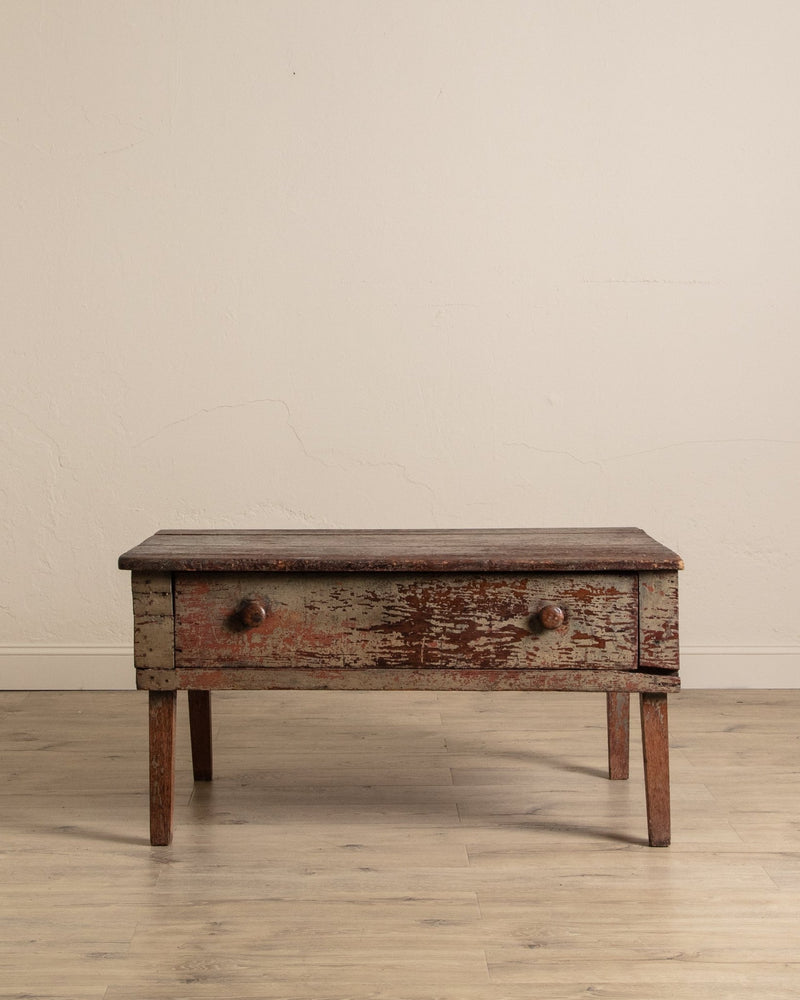 Primitive Green Painted Coffee Table w/ Drawer, 19th Century - Lone Fox