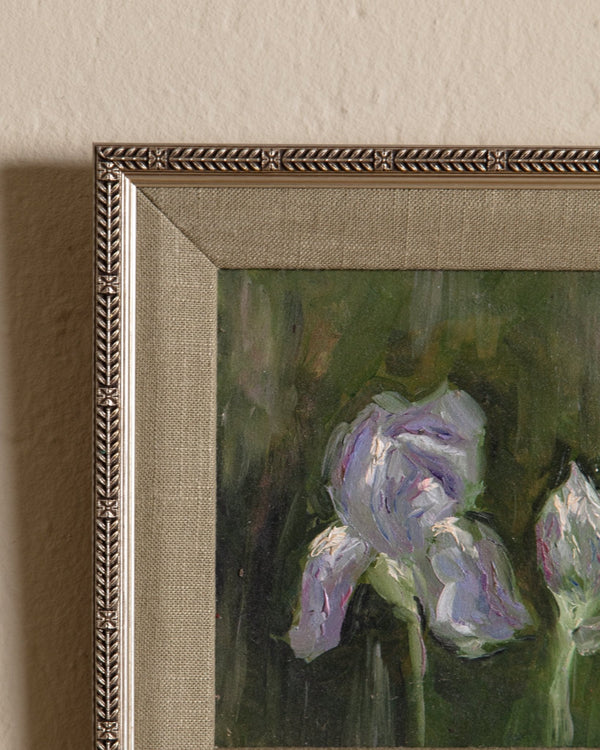 Purple Iris Oil Painting in Custom Frame, 1970's - Lone Fox