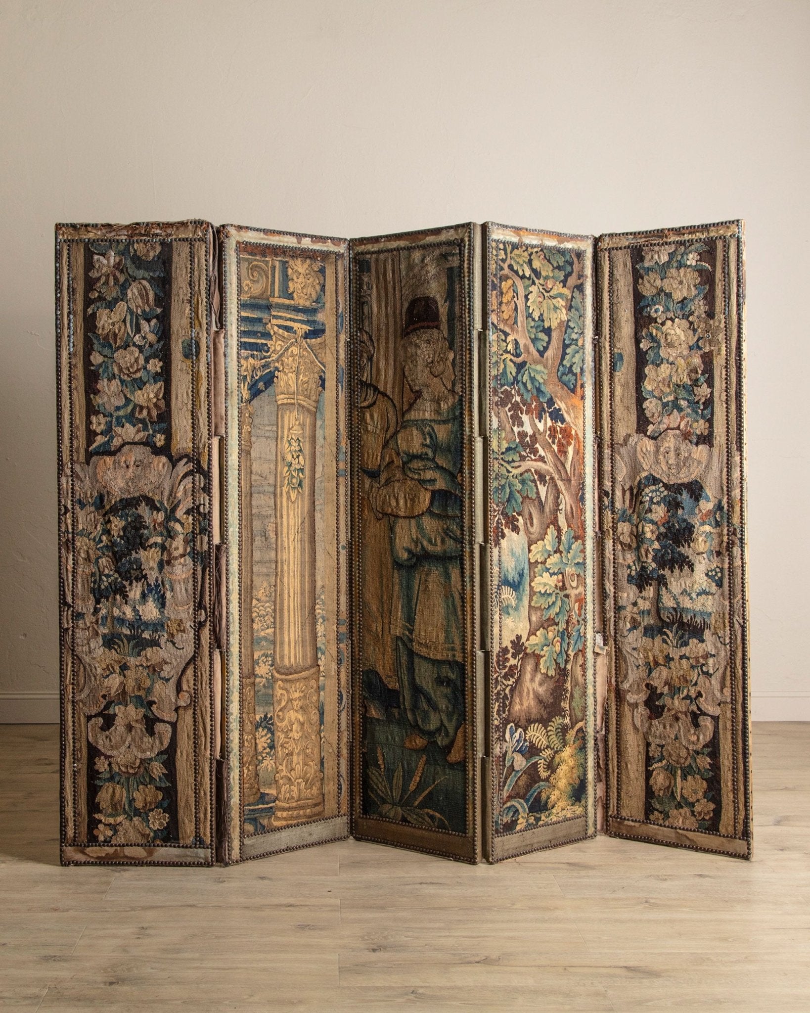 Rare 17th Century Flemish Tapestry Applied 5 Panel Folding Screen - Lone Fox