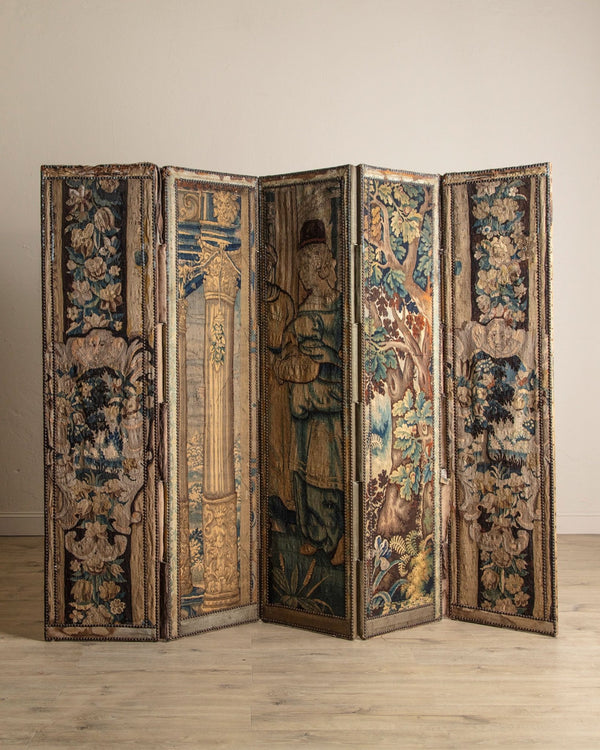 Rare 17th Century Flemish Tapestry Applied 5 Panel Folding Screen - Lone Fox