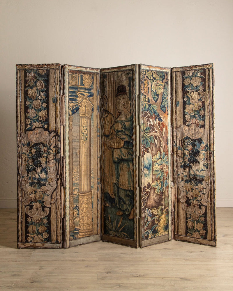 Rare 17th Century Flemish Tapestry Applied 5 Panel Folding Screen - Lone Fox