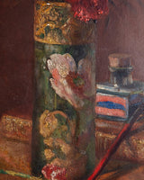 Red Flowers & Inkwell Still Life Oil Painting, European, Late 19th Century - Lone Fox