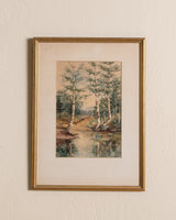 River Landscape Watercolor Painting in Gilt Frame - Lone Fox