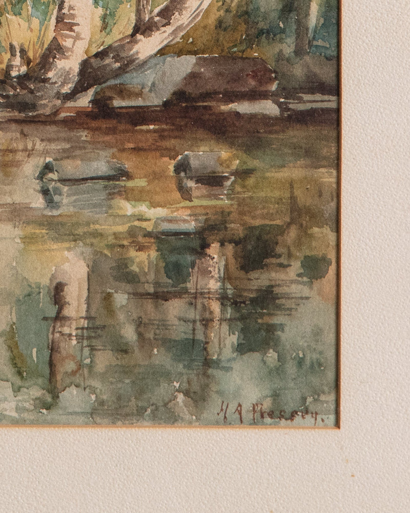River Landscape Watercolor Painting in Gilt Frame - Lone Fox