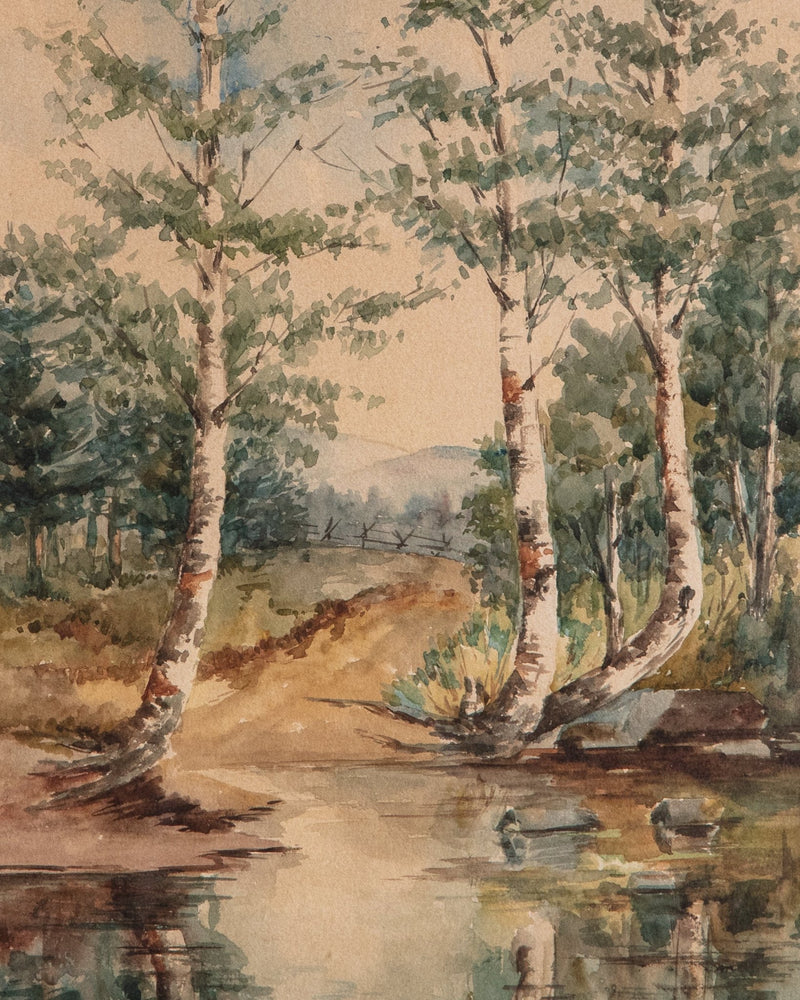 River Landscape Watercolor Painting in Gilt Frame - Lone Fox