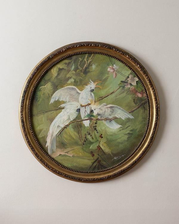 Round Framed Cockatoos Oil Painting by Sergio - Lone Fox