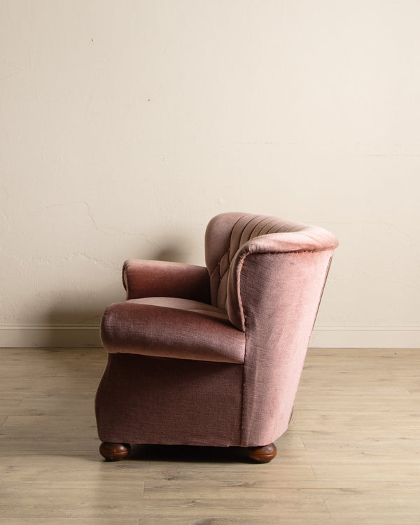 Rounded Back Pink Mohair Tufted Sofa w/ Bun Feet, Sweden, 1960's - Lone Fox