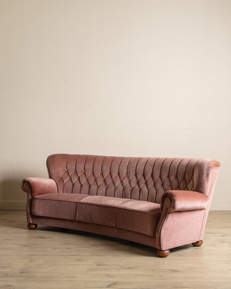 Rounded Back Pink Mohair Tufted Sofa w/ Bun Feet, Sweden, 1960's - Lone Fox