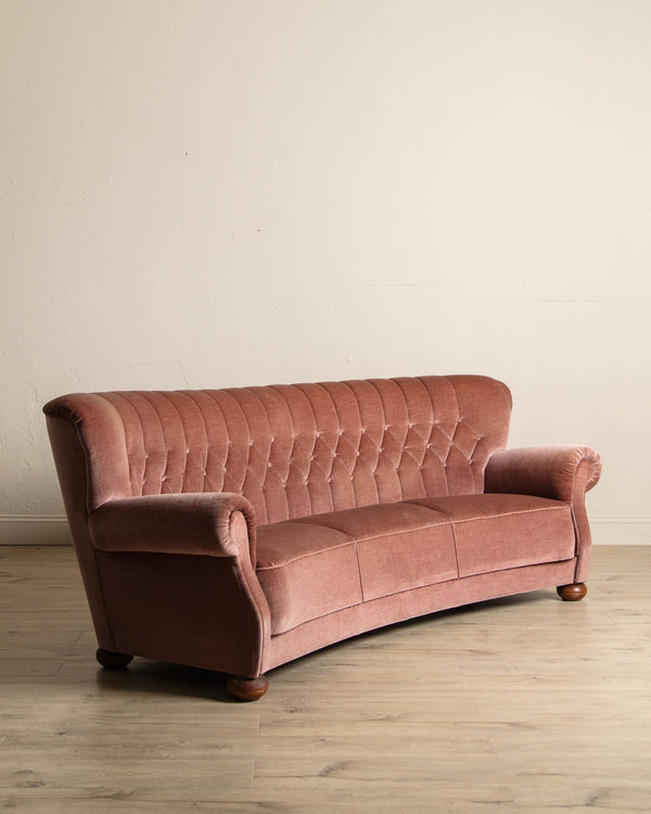 Rounded Back Pink Mohair Tufted Sofa w/ Bun Feet, Sweden, 1960's - Lone Fox