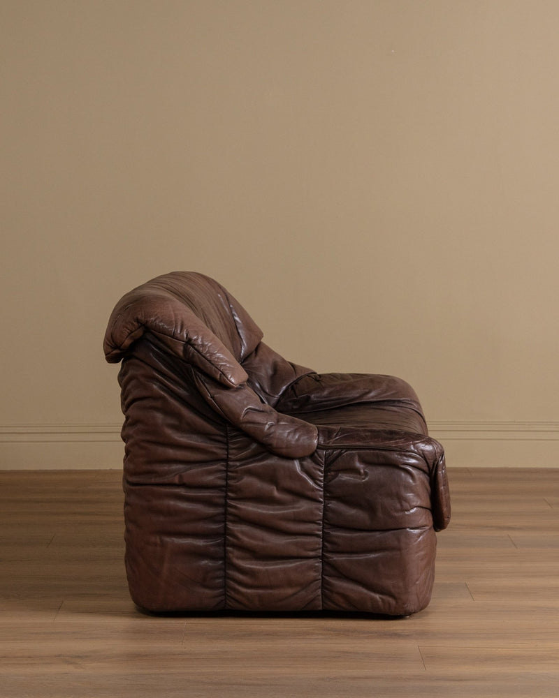 Ruched Leather Sofa, Manner of Ligne Roset, 1970's (2 Available