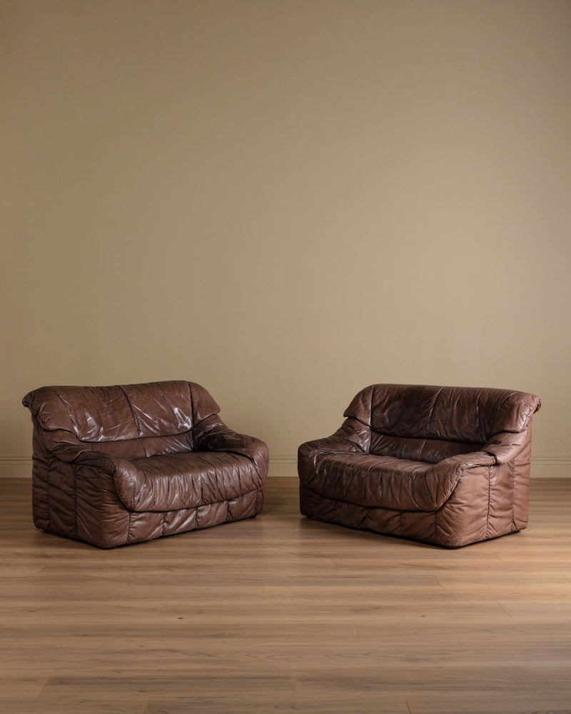 Ruched Leather Sofa, Manner of Ligne Roset, 1970's (2 Available