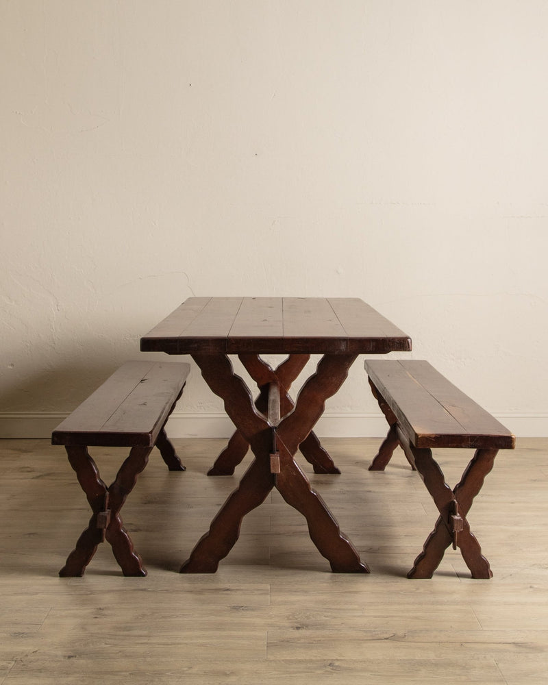 Rustic Brazilian Carved Mortis & Tenon Table + Pair of Benches, 1950's - Lone Fox