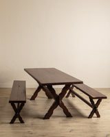 Rustic Brazilian Carved Mortis & Tenon Table + Pair of Benches, 1950's - Lone Fox