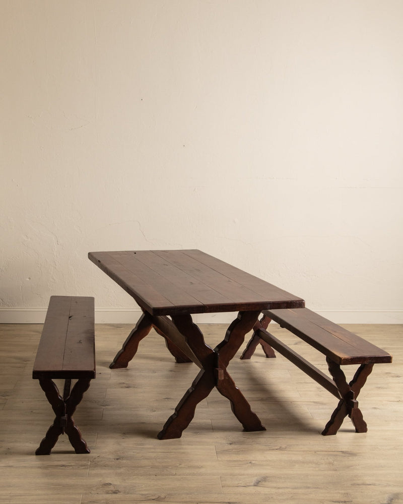 Rustic Brazilian Carved Mortis & Tenon Table + Pair of Benches, 1950's - Lone Fox