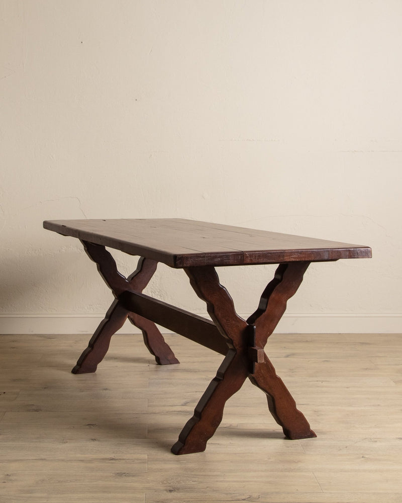 Rustic Brazilian Carved Mortis & Tenon Table + Pair of Benches, 1950's - Lone Fox