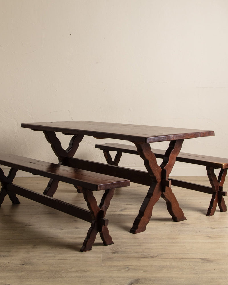 Rustic Brazilian Carved Mortis & Tenon Table + Pair of Benches, 1950's - Lone Fox