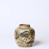 Rustic Porcelain Crane and Deer Round Vase - Lone Fox