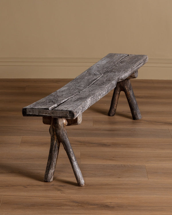 Rustic Weathered Oak Bench w/ Branch Legs, Sweden, 19th Century - Lone Fox