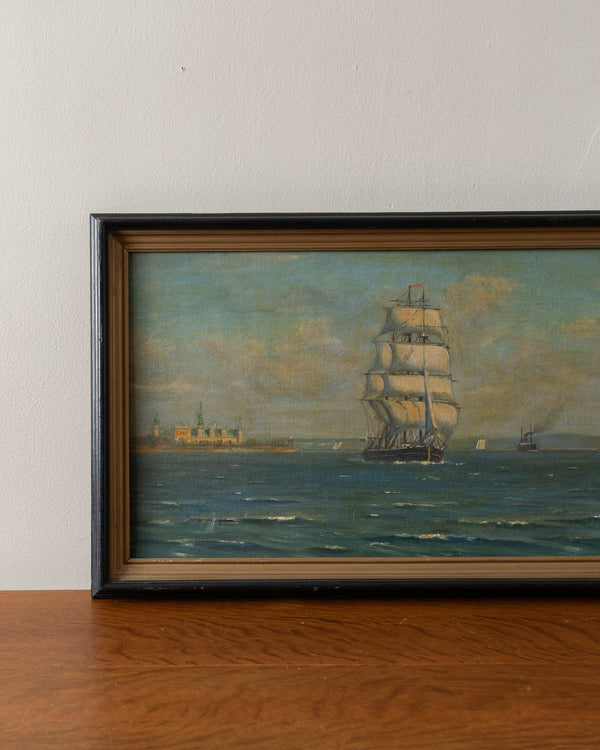 Sailboat at Sea Oil Painting in Black Frame - Lone Fox