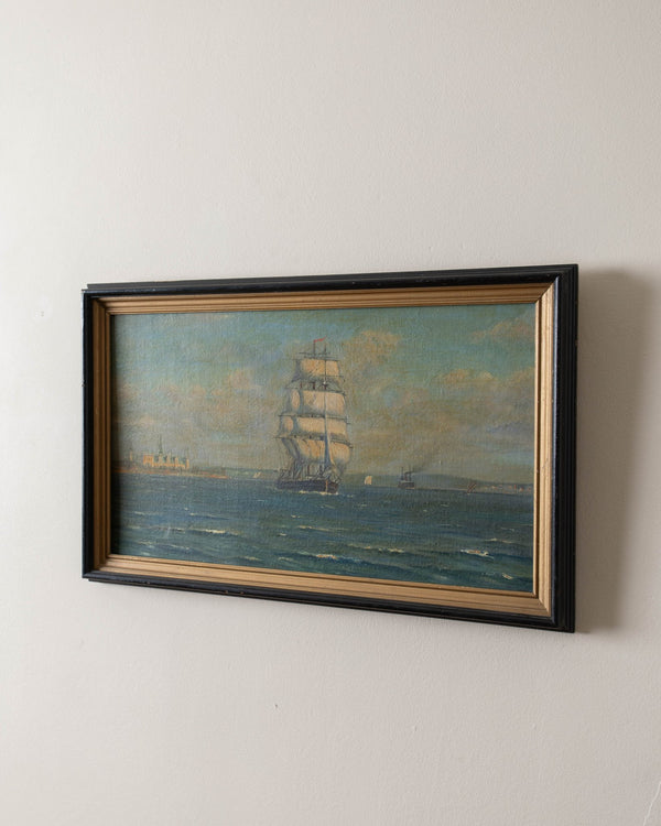 Sailboat at Sea Oil Painting in Black Frame - Lone Fox