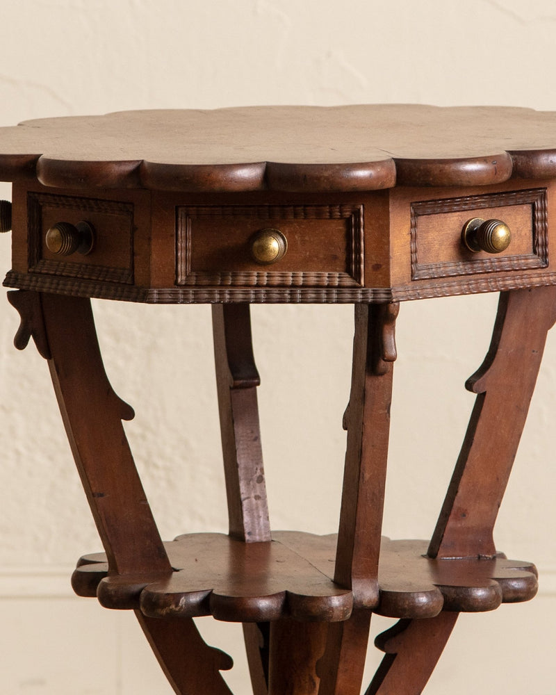 Scallop Carved Wood Folk Art Accent Table w/ Triangle Drawers - Lone Fox